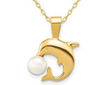 5-6mm Freshwater Cultured Button Pearl Dolphin Charm Pendant Necklace in 14K Yellow Gold with Chain